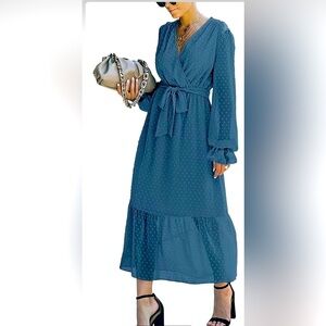 Suprelook Long Sleeve Wrap V Neck Swiss Dot Print Bohemian Swing Size L  NWT